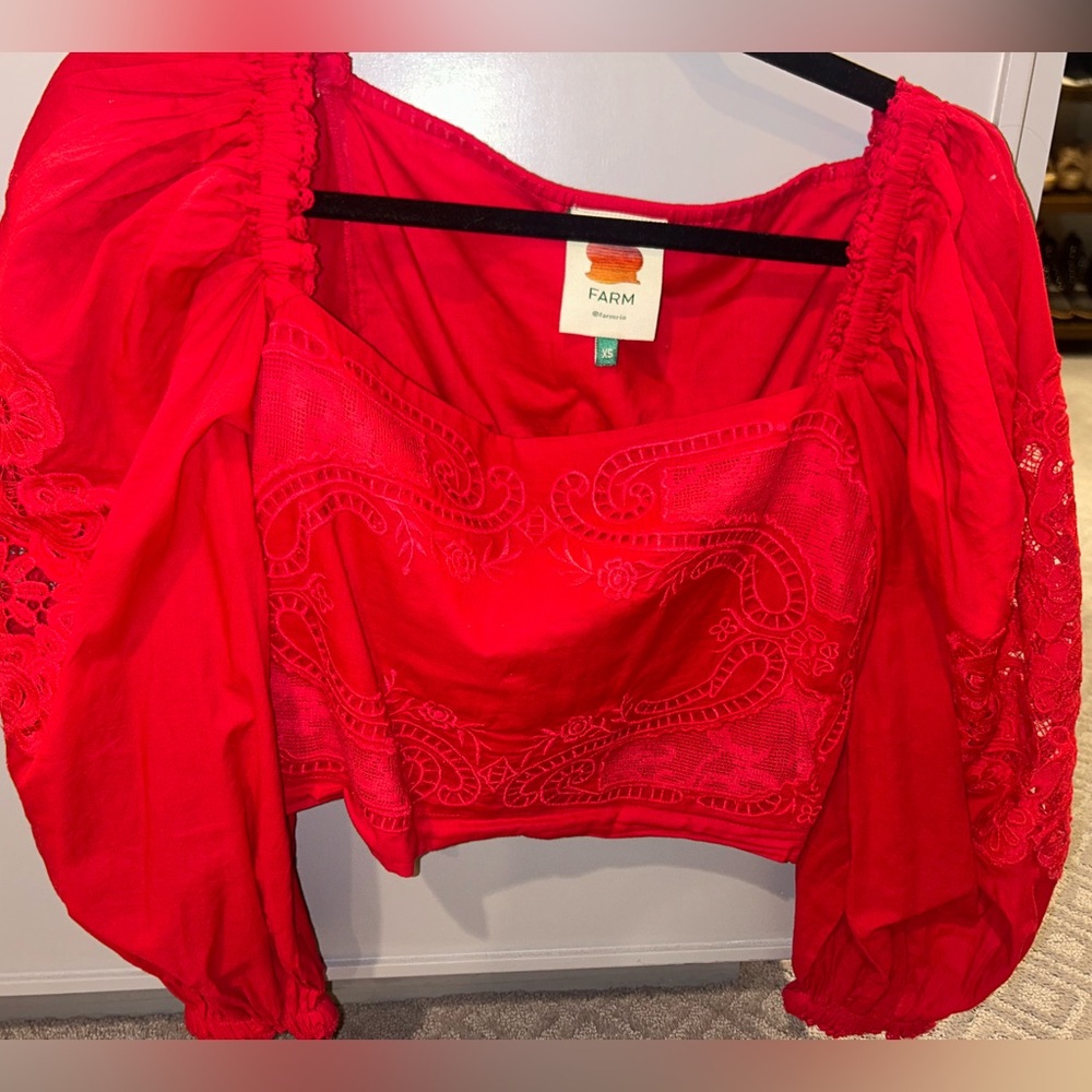 Farm Rio Red Square Neck Lace Crop Top XS